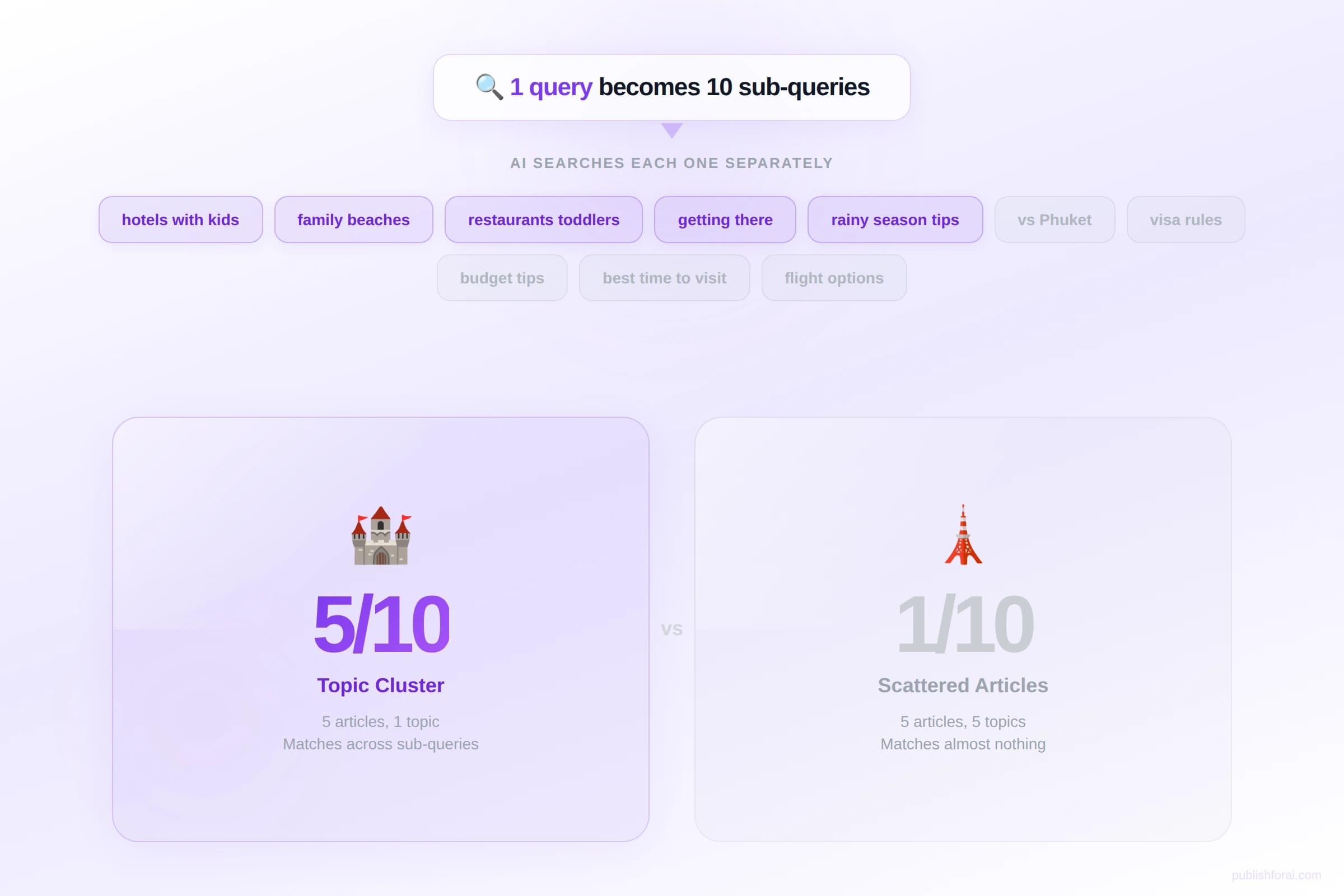 Diagram showing how AI search breaks one query into 10 sub-queries. A topic cluster with 5 articles matches 5 out of 10 sub-queries, while 5 scattered articles match only 1.