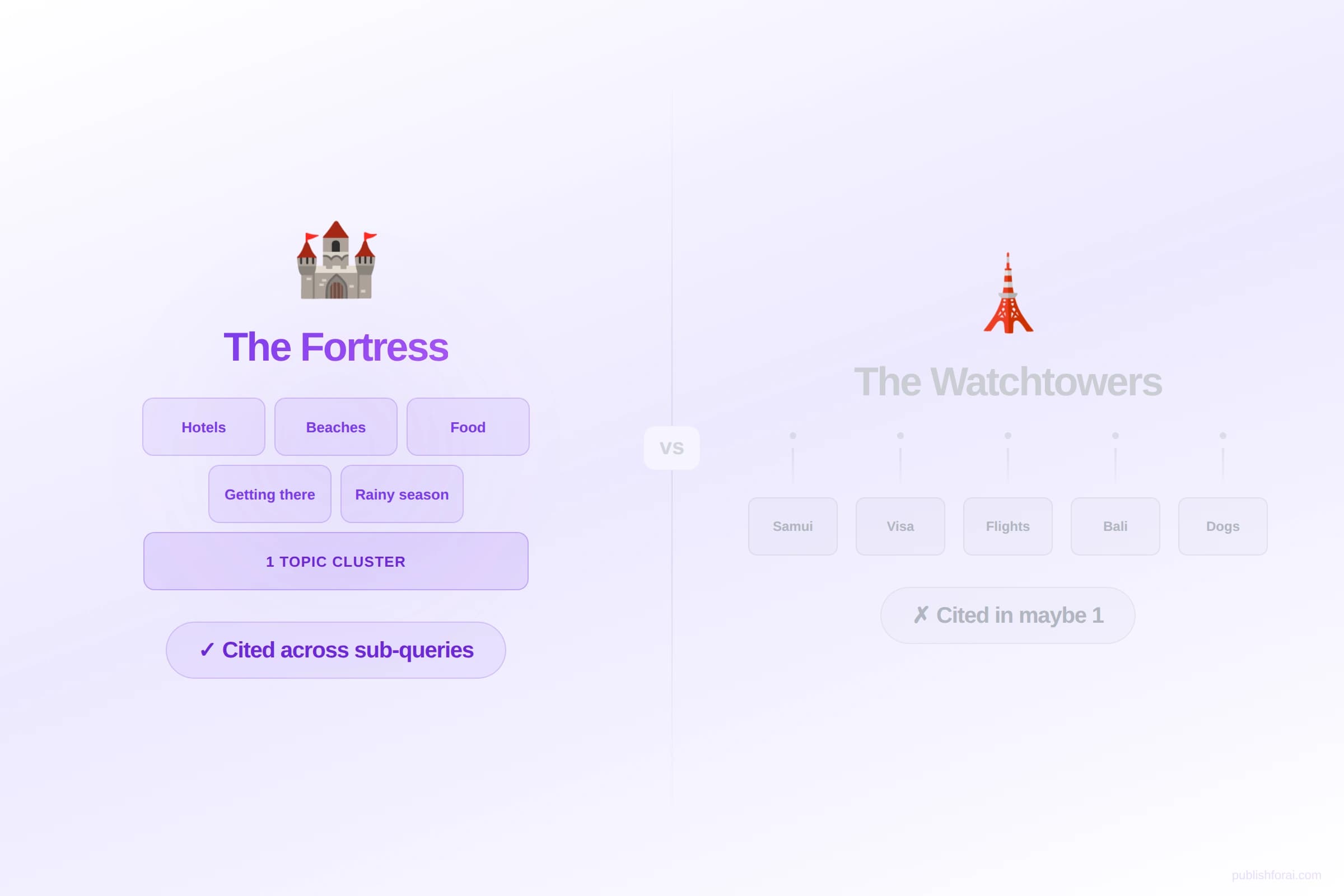 Visual comparison: The Fortress (5 articles in one topic cluster, cited across multiple AI sub-queries) vs The Watchtowers (5 articles on 5 separate topics, cited in maybe one).
